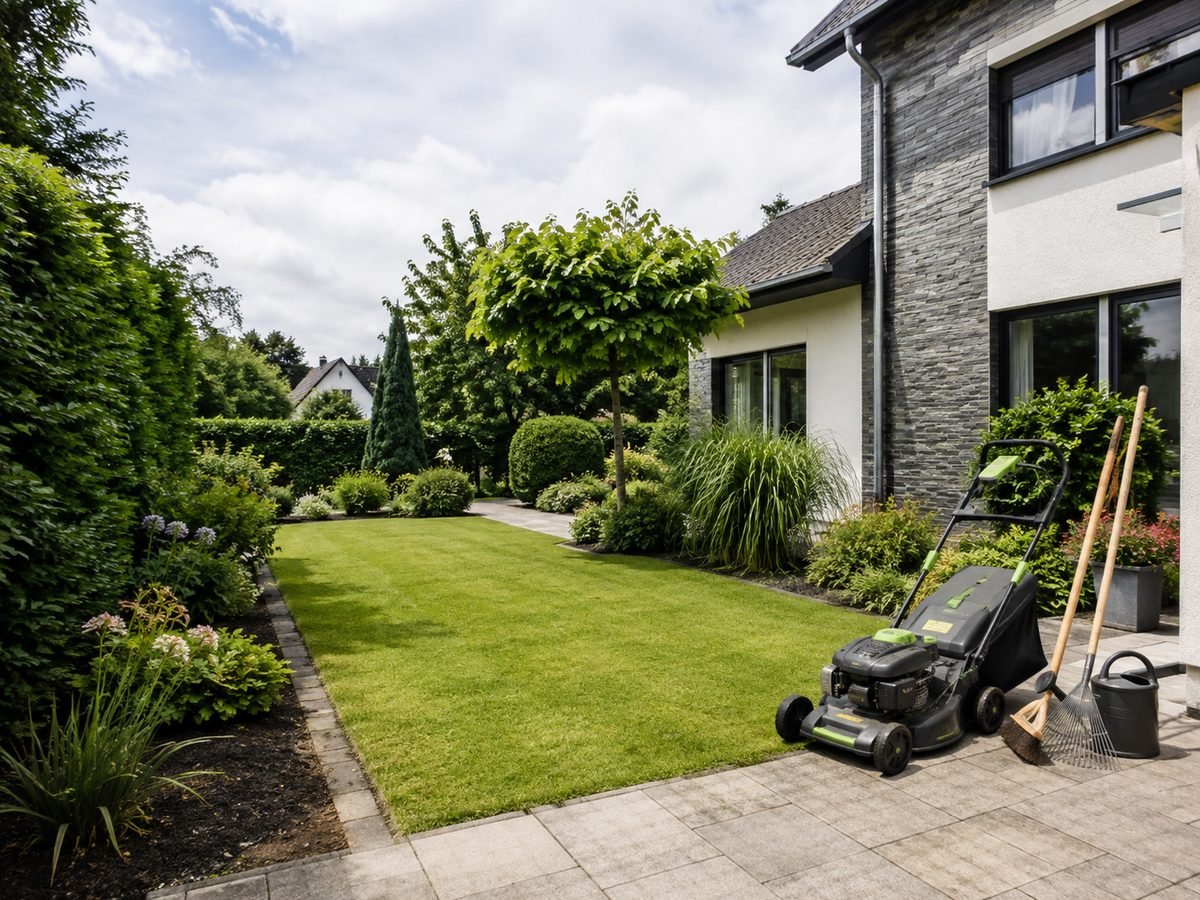 Gepflegter Garten mit frisch gemähtem Rasen